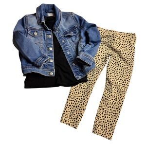 Girls Denim Jacket Black Long T Cheetah Leggings Spring. Outfit Toddler Gift 4T